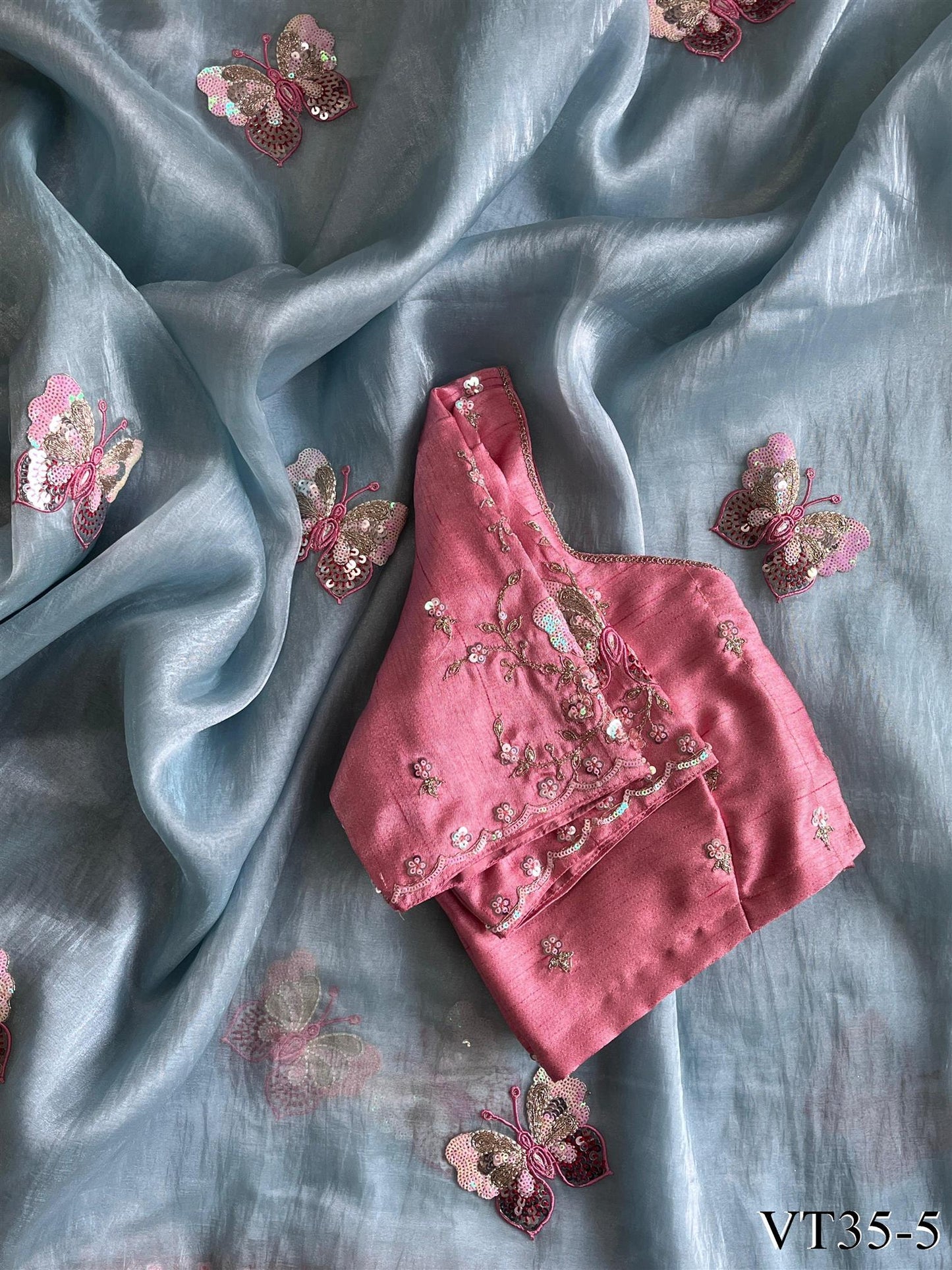 Sky Blue Color Premium Organza Butterfly Work Saree