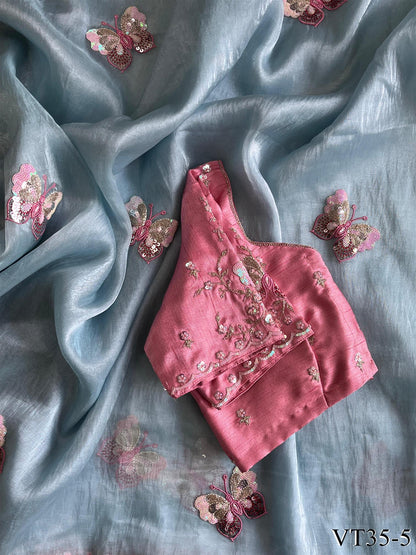 Sky Blue Color Premium Organza Butterfly Work Saree