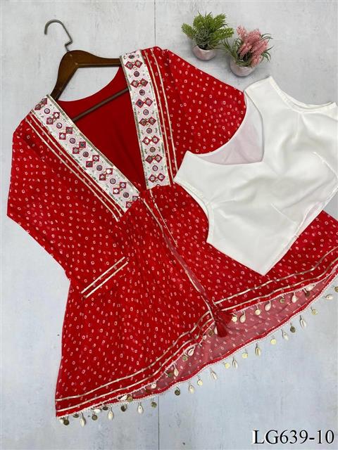 Red And White Color Georgette With Real Mirror Work Koti Lehenga