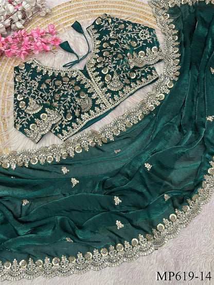Fendy Satin Silk Saree With Sequins with Jari Dori Embroidery work