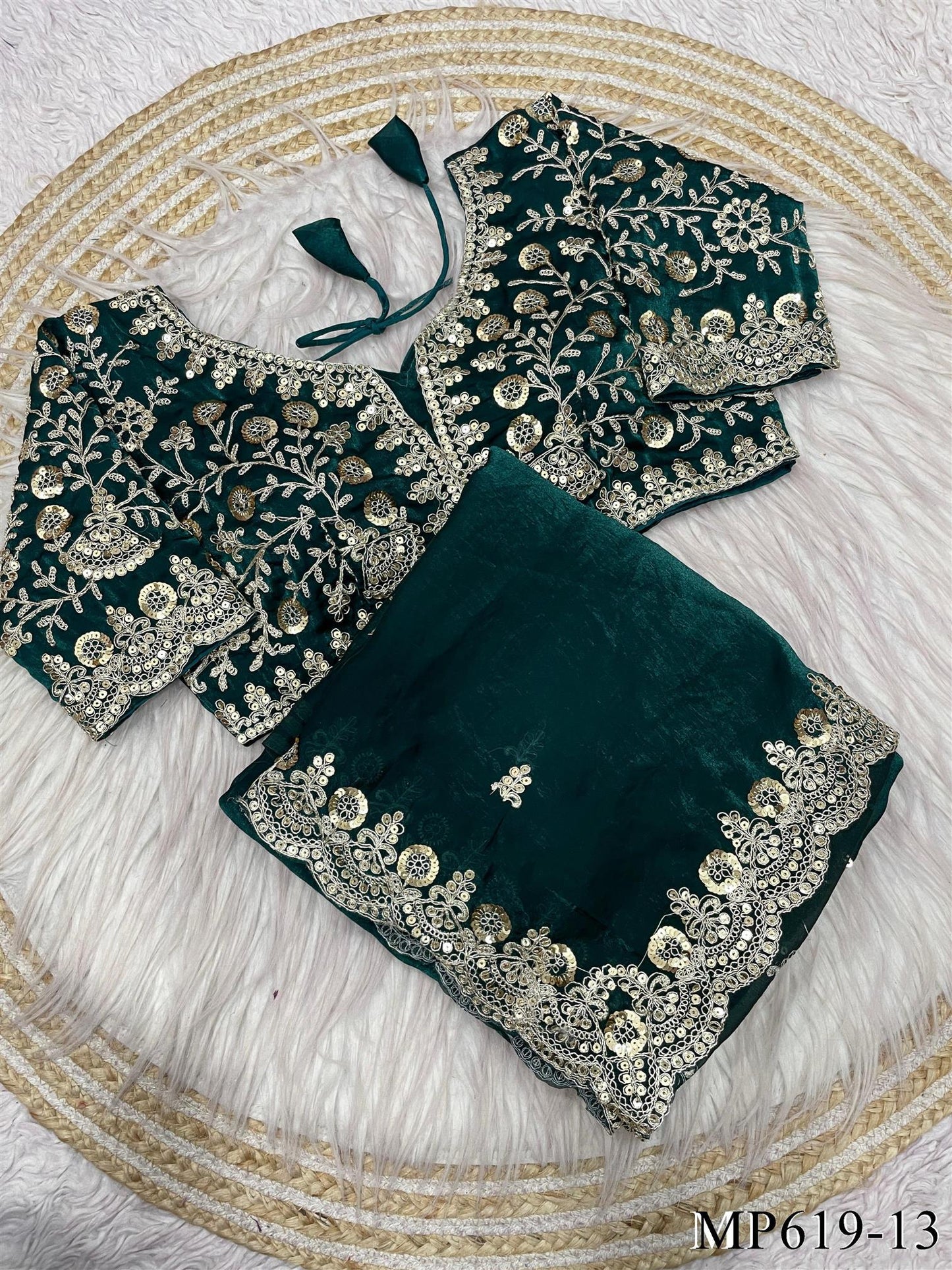 Fendy Satin Silk Saree With Sequins with Jari Dori Embroidery work