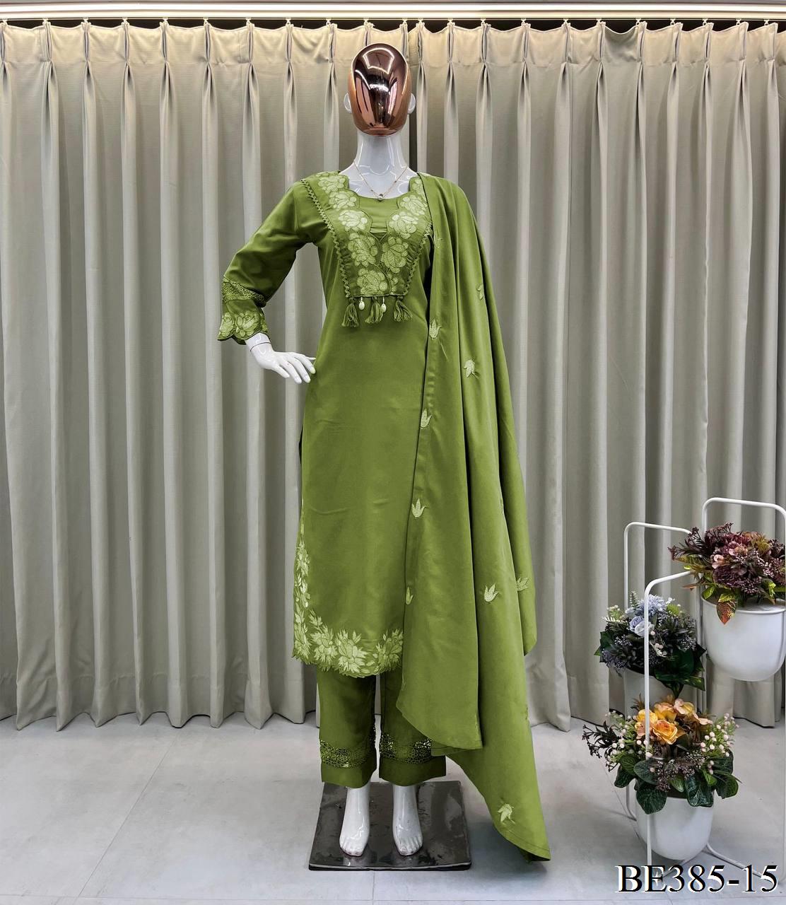 DESIGNER REYON SLUB COTTON TOP PANT SET WITH FLOWER WORK