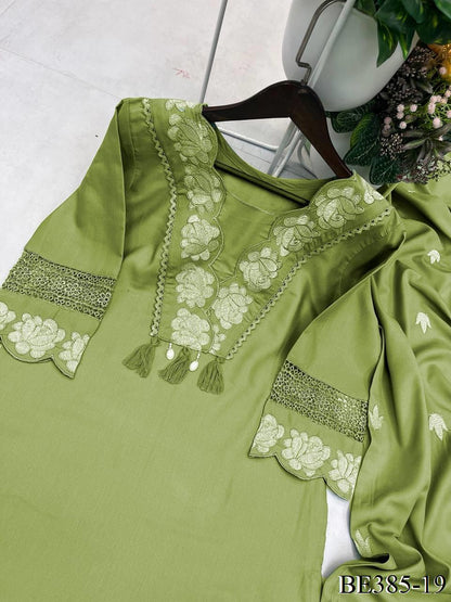 DESIGNER REYON SLUB COTTON TOP PANT SET WITH FLOWER WORK