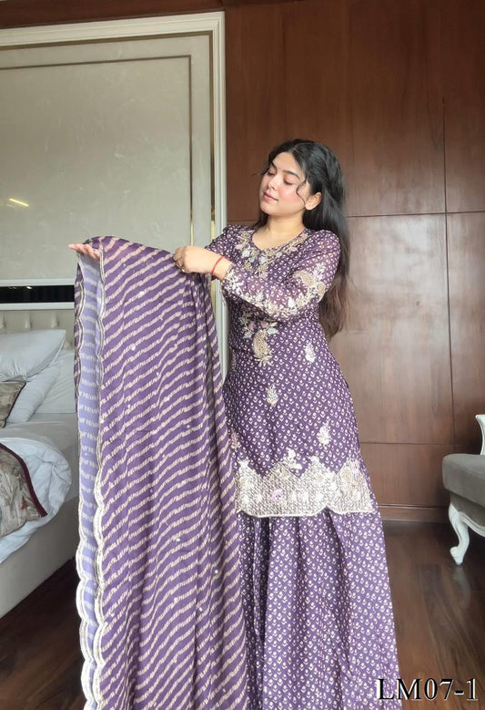 Premium Printed Fabric With Embroidery Work Kurti Sharara