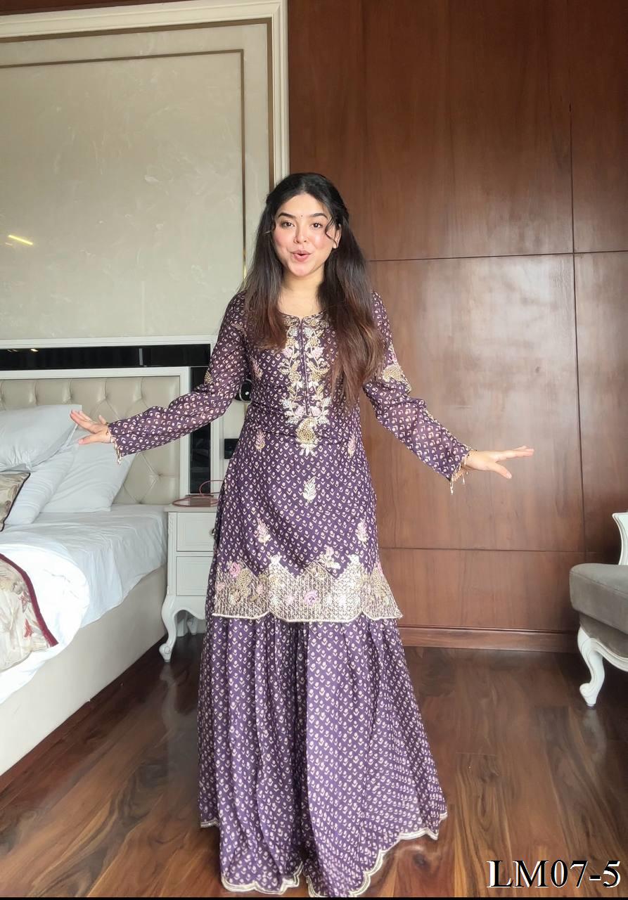 Premium Printed Fabric With Embroidery Work Kurti Sharara