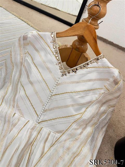 White Color Mal Chanderi Fabric With Mirror Work Top Sharara