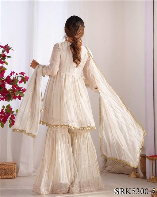 White Color Mal Chanderi Fabric With Mirror Work Top Sharara