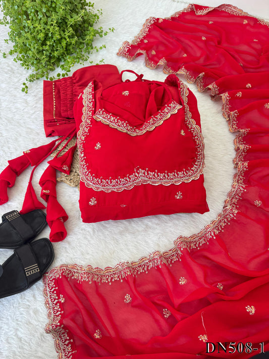 Red Color Fox Georgette Sequience Embroidery Work Gown