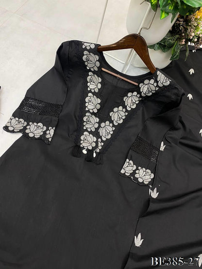 DESIGNER REYON SLUB COTTON TOP PANT SET WITH FLOWER WORK