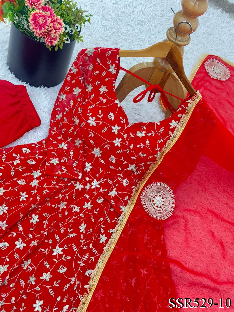 Red Color Heavy Blooming Georgette Embroidery Work Anarkali