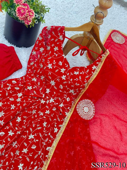 Red Color Heavy Blooming Georgette Embroidery Work Anarkali