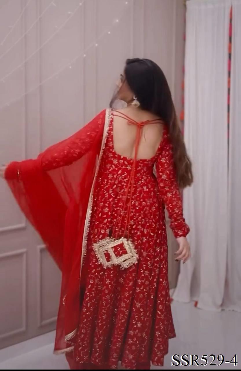 Red Color Heavy Blooming Georgette Embroidery Work Anarkali