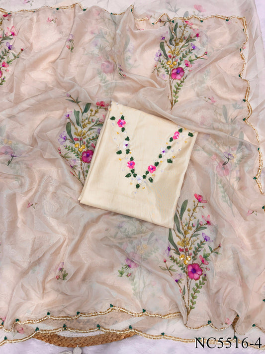 White Color Soft Tebby Silk With Floral Print Work Saree