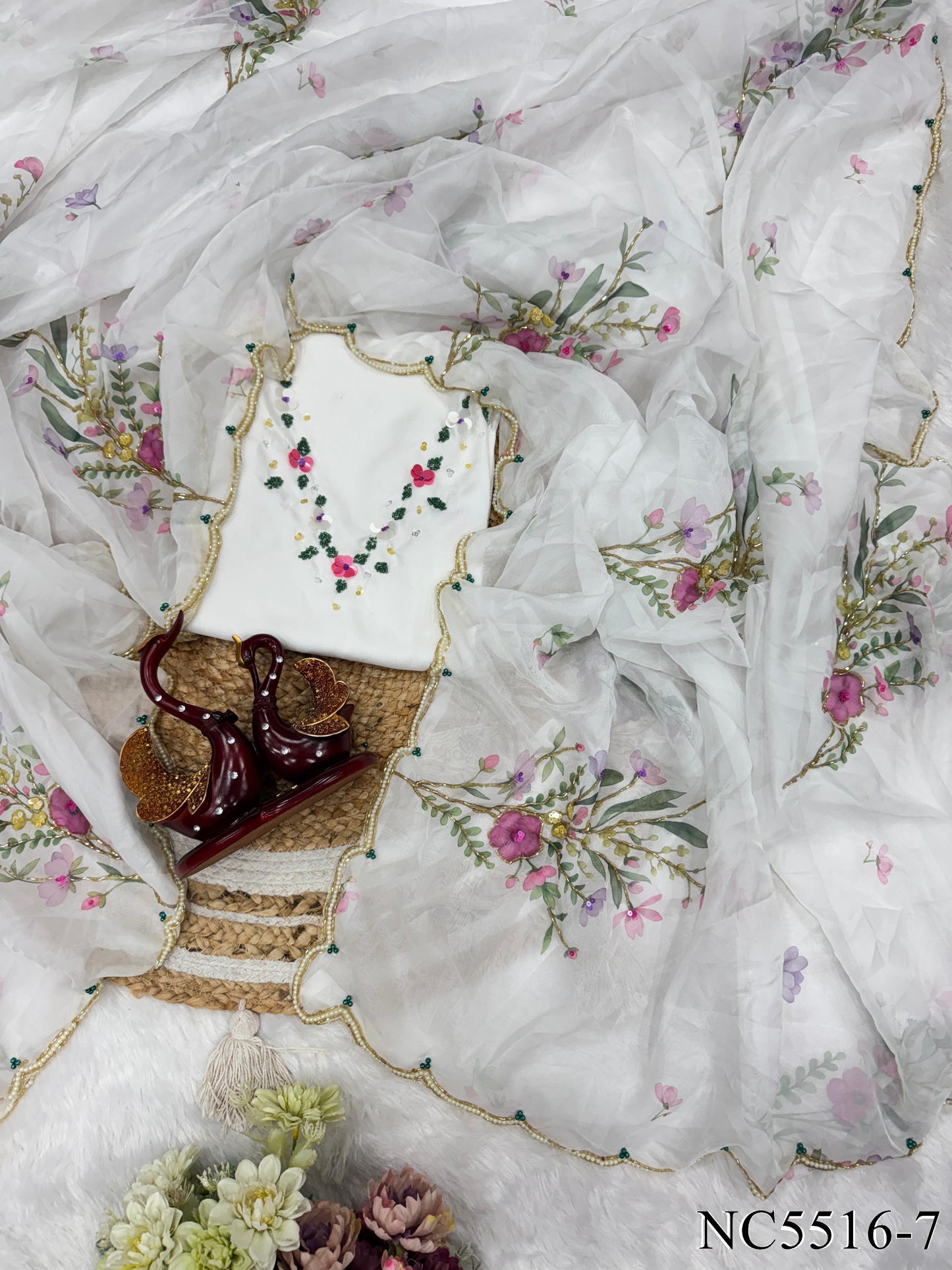 White Color Soft Tebby Silk With Floral Print Work Saree