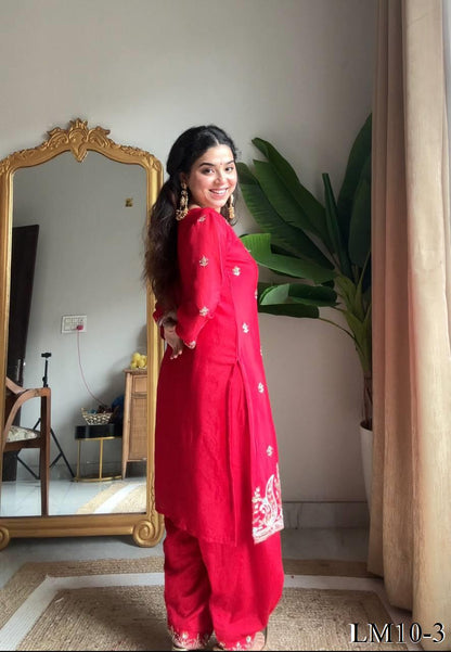Red Color Chinon Beads And Sequience Work Top Salwaar