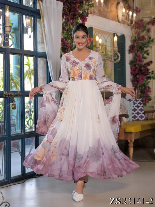 White color Tabby Organza Embroidery Work Gown