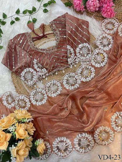 Pure Soft Fendy Chiffon Two Ton Embroidery Work Saree