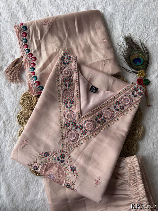 Premium  Roman Silk With Embroidery Thread Work Top Pent