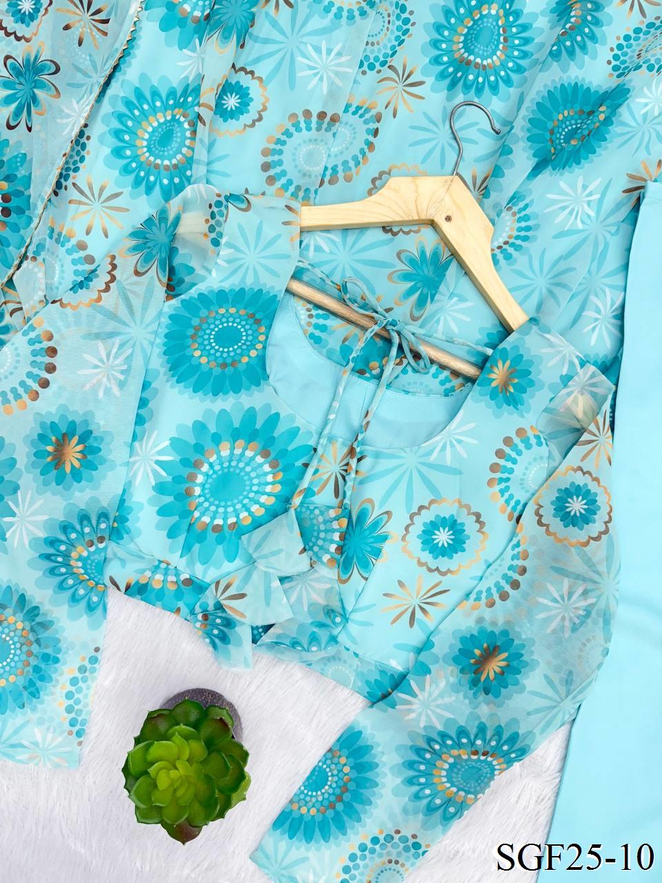 Sky Blue Color Fox Georgette Floral Print Work Anarkali