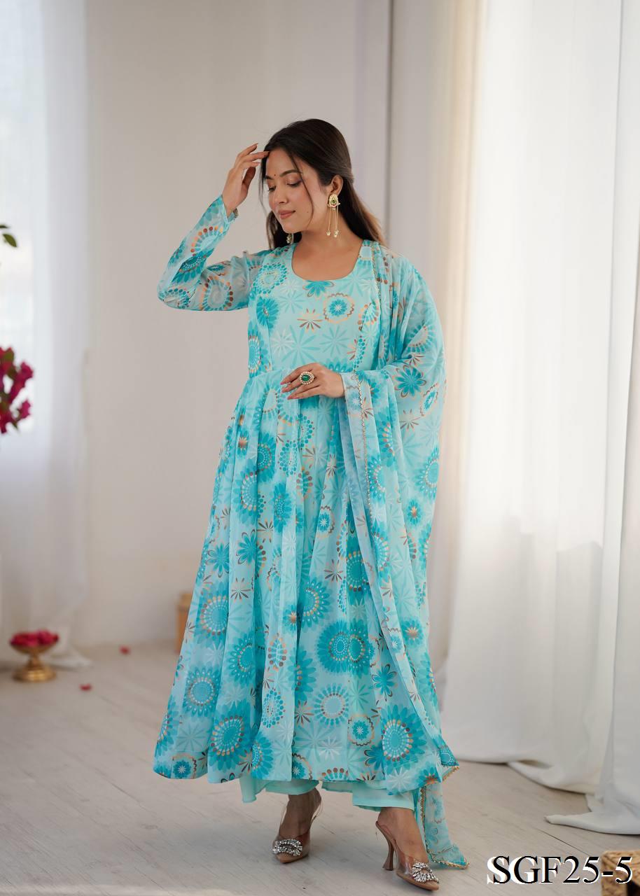 Sky Blue Color Fox Georgette Floral Print Work Anarkali