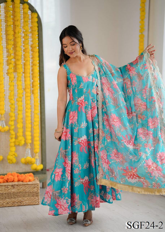 Sky Blue Color Muslin Print With Floral Work Anarkali