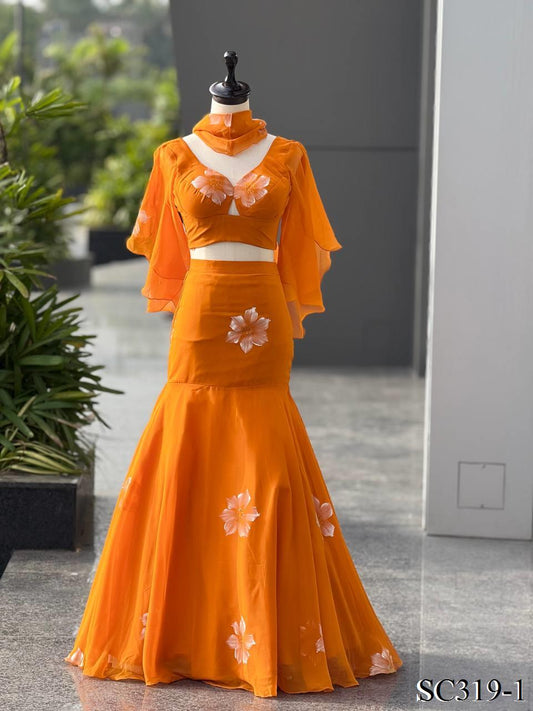 Orange color Georgette Handprint Work Lehenga Blouse