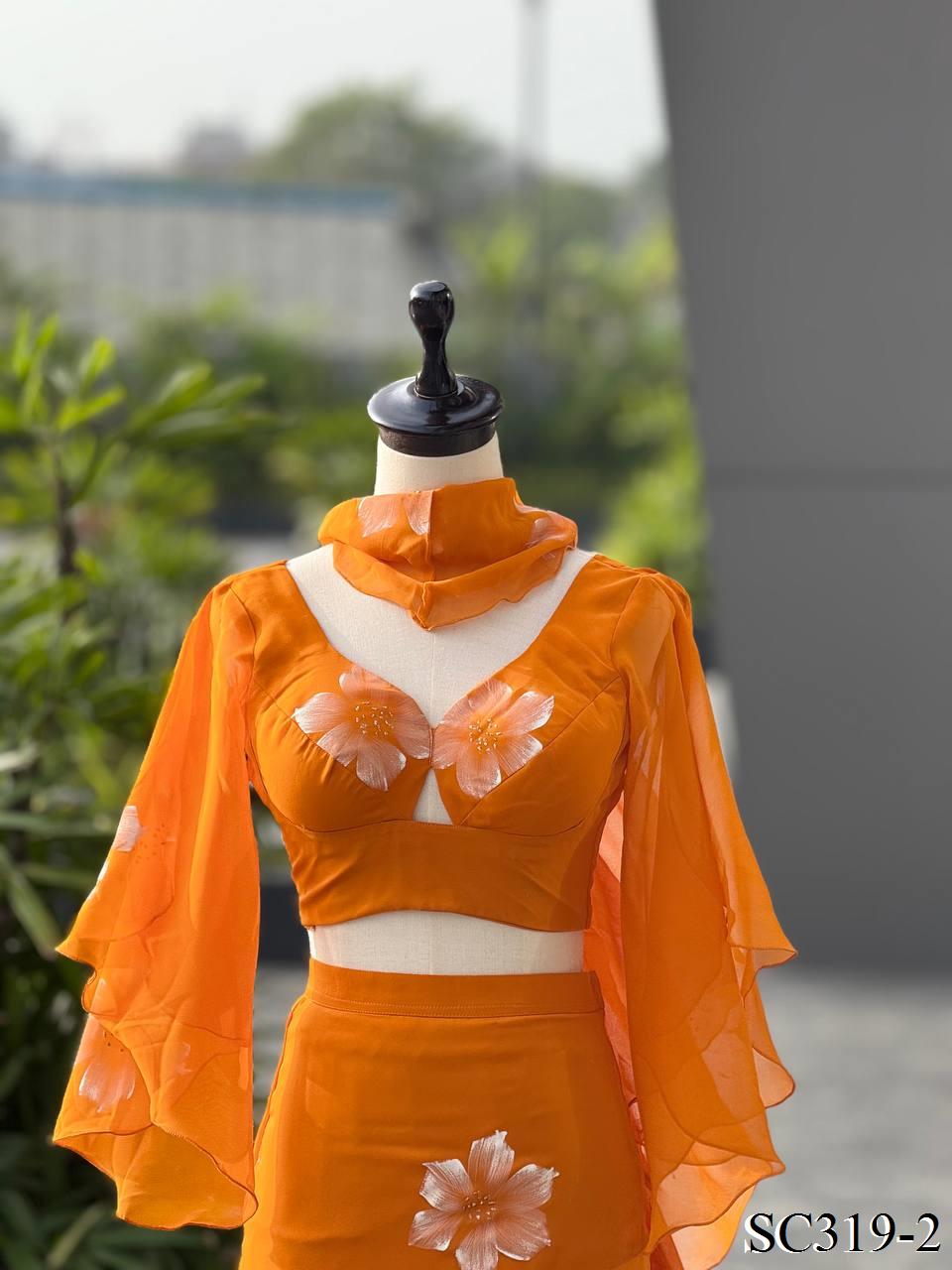 Orange color Georgette Handprint Work Lehenga Blouse