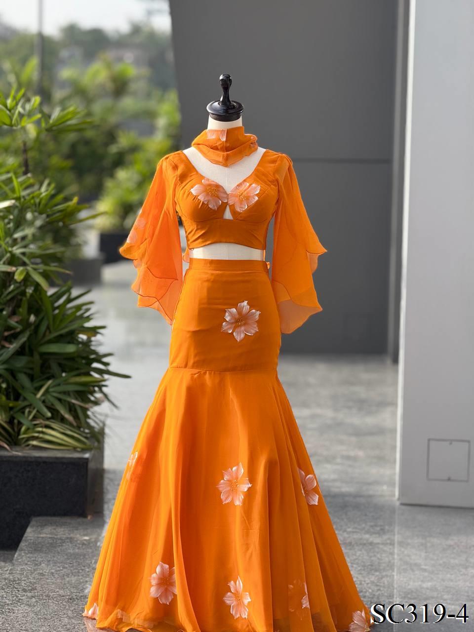 Orange color Georgette Handprint Work Lehenga Blouse
