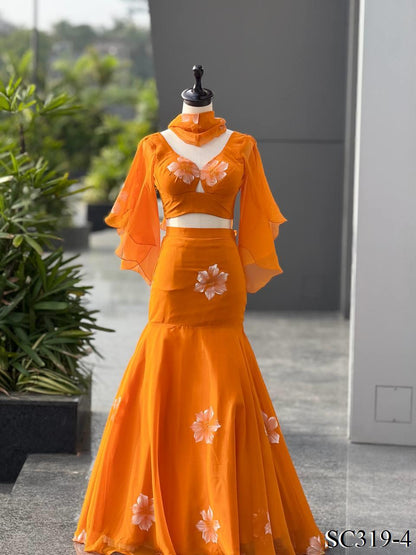 Orange color Georgette Handprint Work Lehenga Blouse