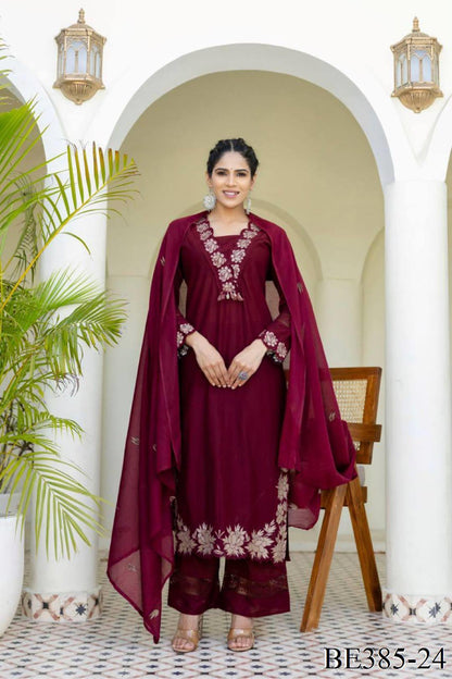 DESIGNER REYON SLUB COTTON TOP PANT SET WITH FLOWER WORK