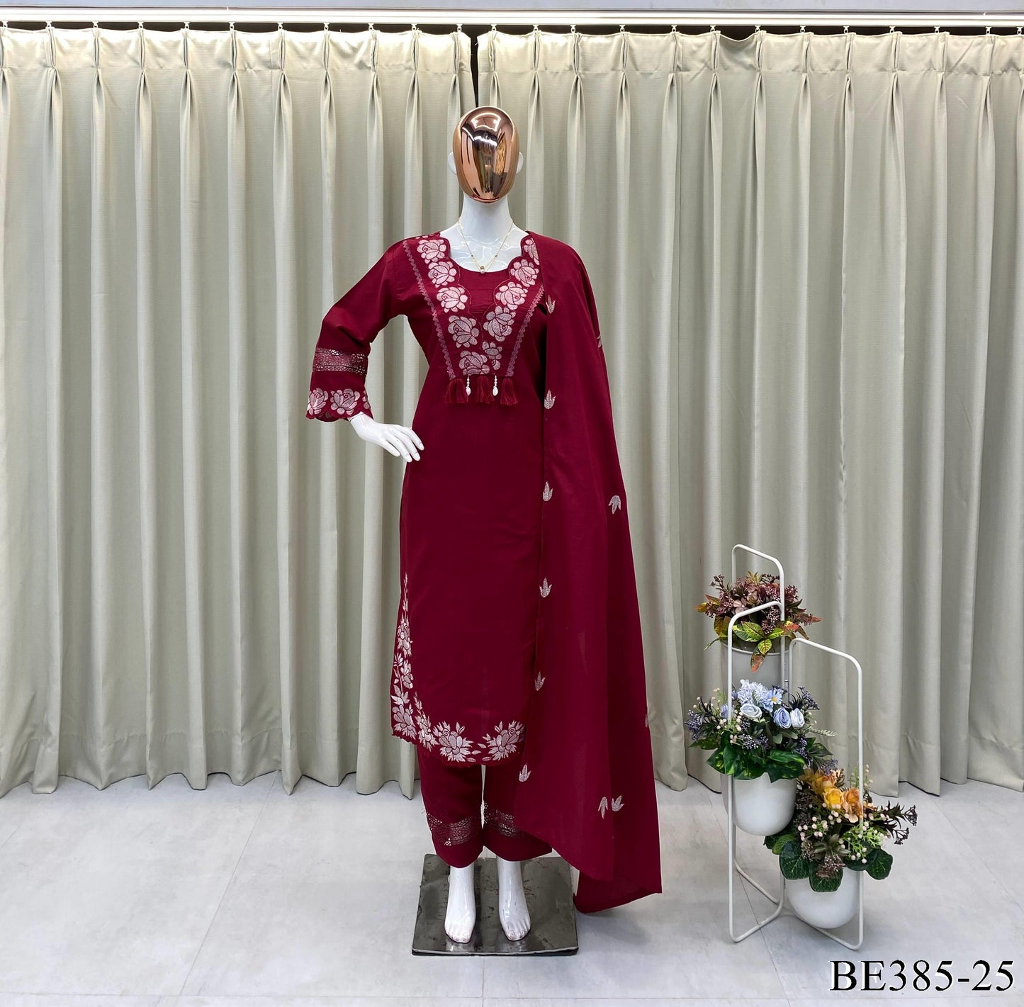 DESIGNER REYON SLUB COTTON TOP PANT SET WITH FLOWER WORK