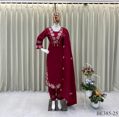 DESIGNER REYON SLUB COTTON TOP PANT SET WITH FLOWER WORK