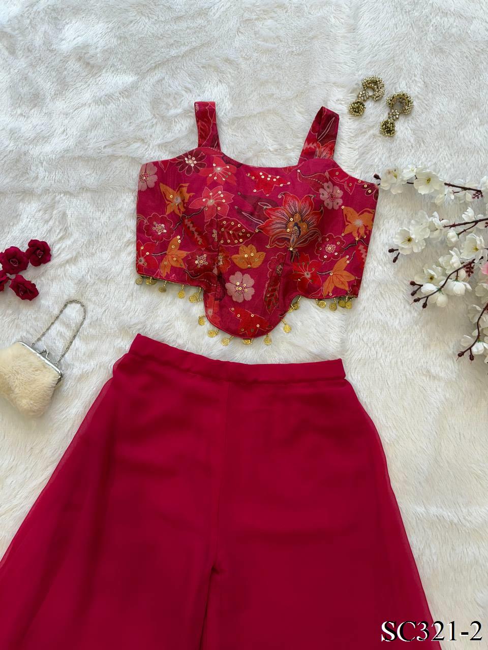 Red Color Jimmy Organza With Sequience Work Top Plazzo