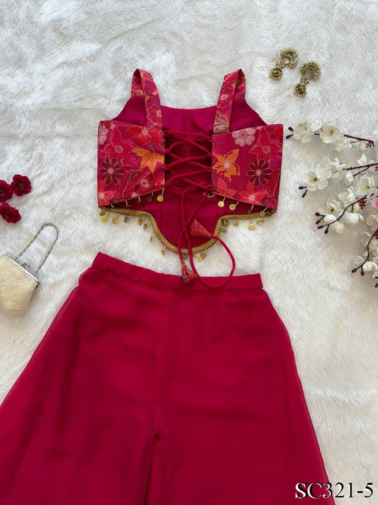 Red Color Jimmy Organza With Sequience Work Top Plazzo