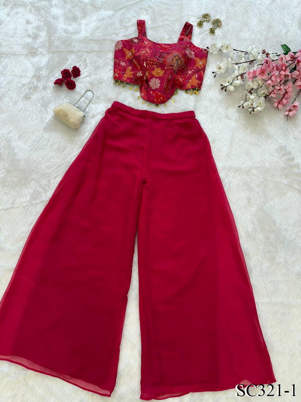 Red Color Jimmy Organza With Sequience Work Top Plazzo