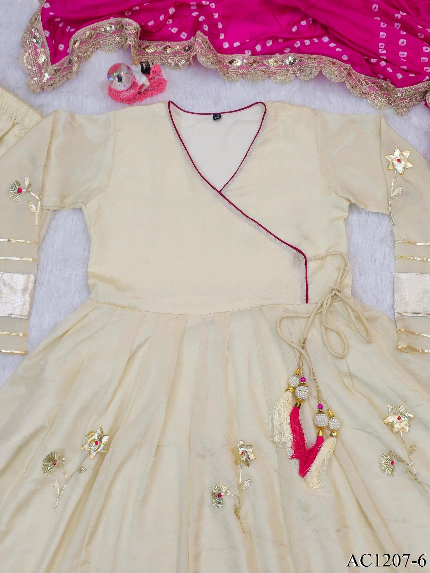 Off White Color Chinon With Hand Made Work Anarkali