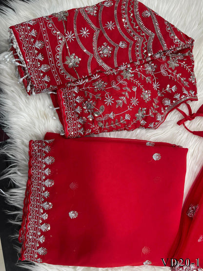 Red Color Fox Georgette Embroidery Sequience Work Saree