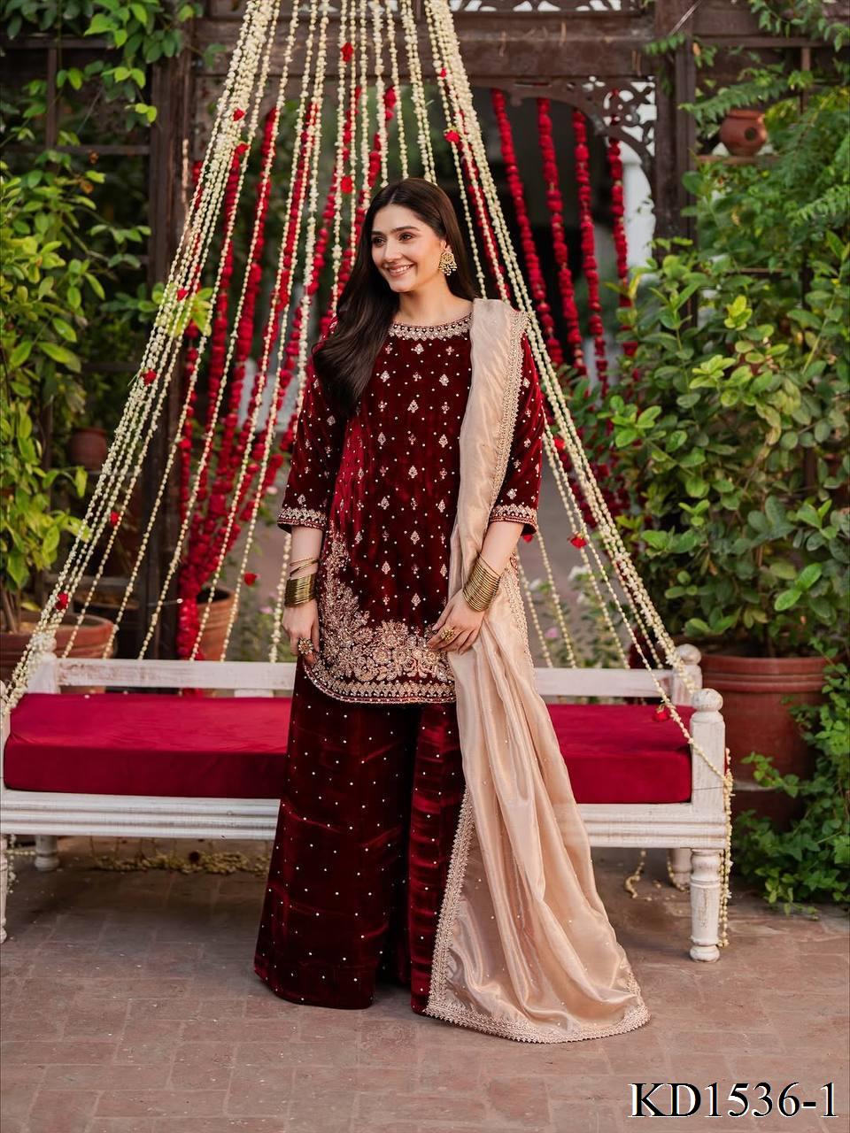 Heavy Viscose Velvet With Sequience With Pearl Work Top Plazzo