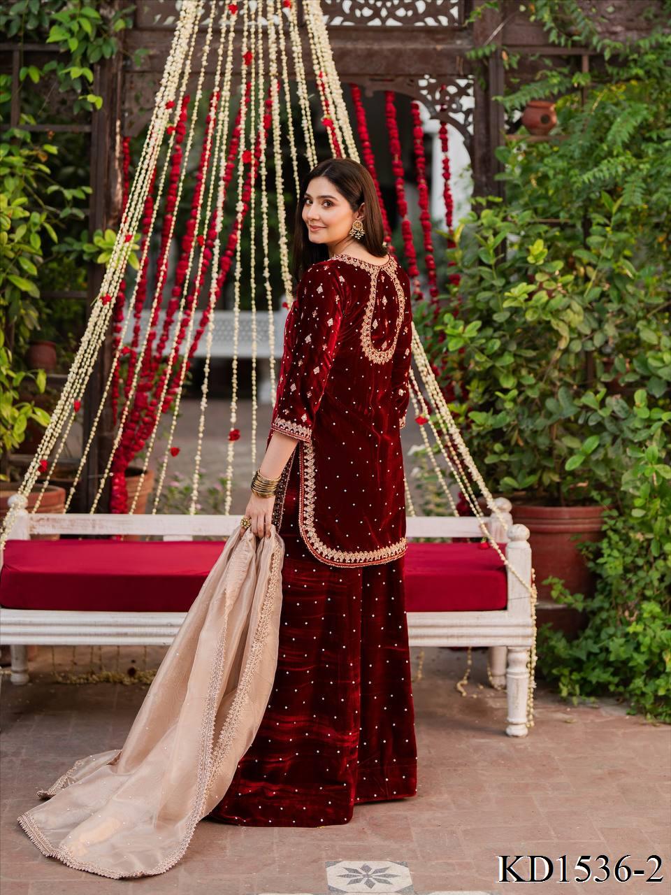 Heavy Viscose Velvet With Sequience With Pearl Work Top Plazzo