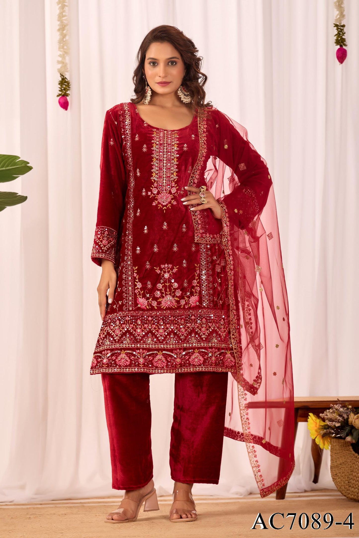 Beautifull Viscos Velvet With Embroidery Sequience Work Top Pent