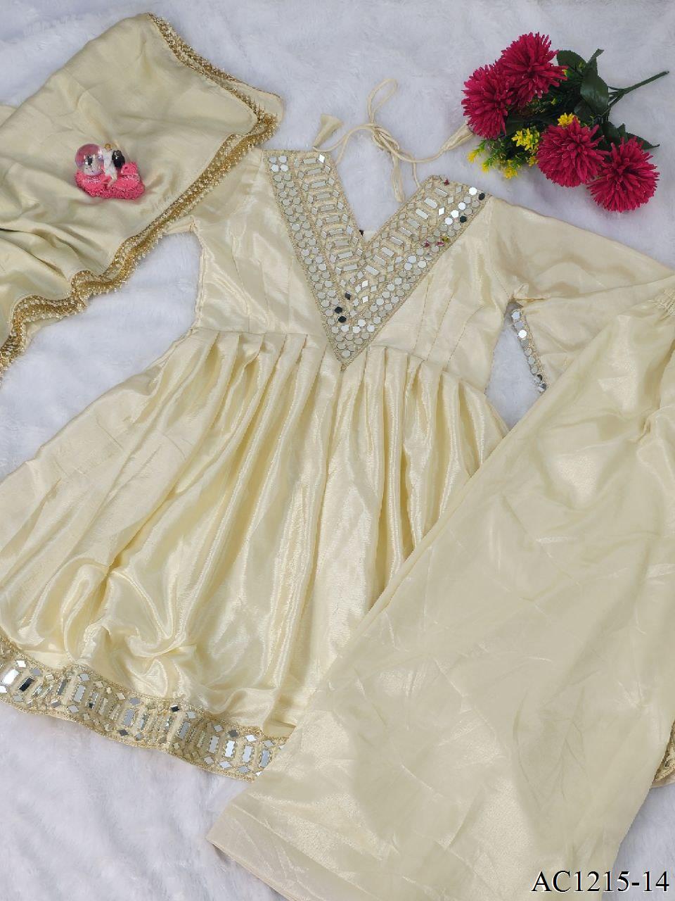 Real Mirror Work Neha Bhanderi White Color Chinon With Beautifull Coding Work Top Plazzo