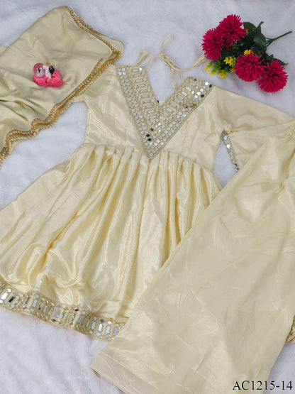 Real Mirror Work Neha Bhanderi White Color Chinon With Beautifull Coding Work Top Plazzo