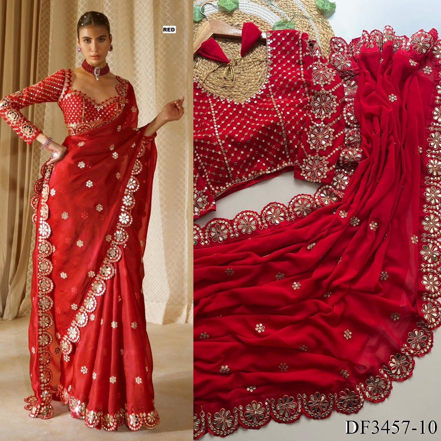 Red Color Faux Georgette Sequience Work Saree
