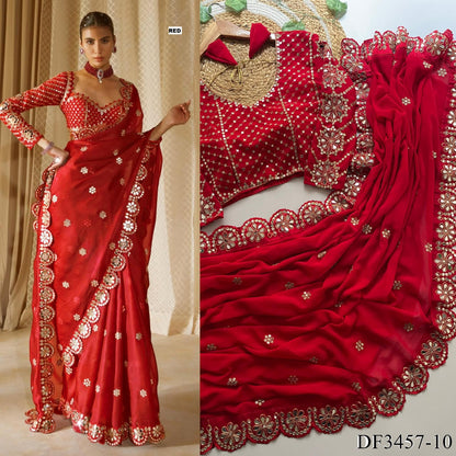 Red Color Faux Georgette Sequience Work Saree