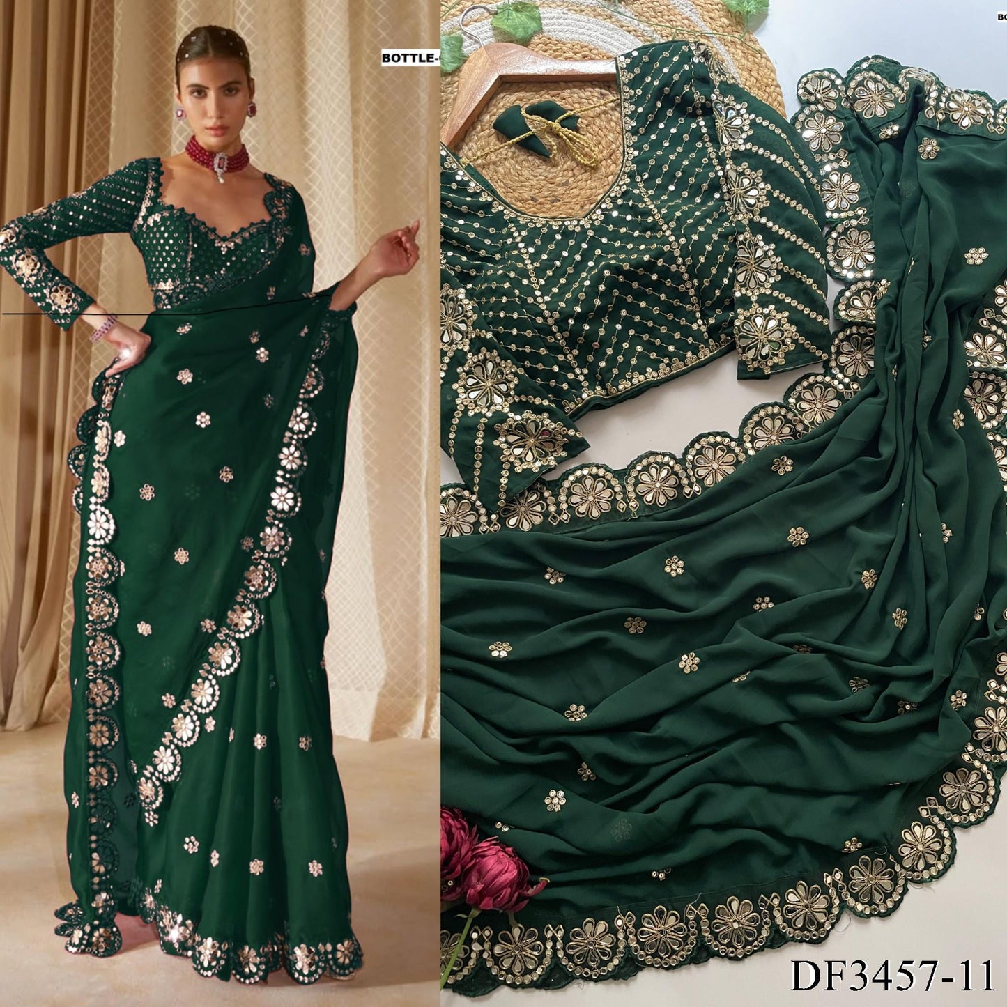 Red Color Faux Georgette Sequience Work Saree