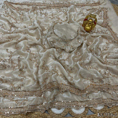 Beautifull Space Silk With Sequience And Cutdana Work Saree