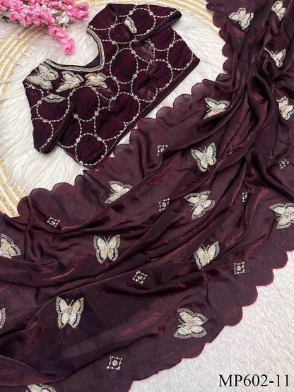Beautifull Fendy Satin Silk With Khatli Bits Work Saree