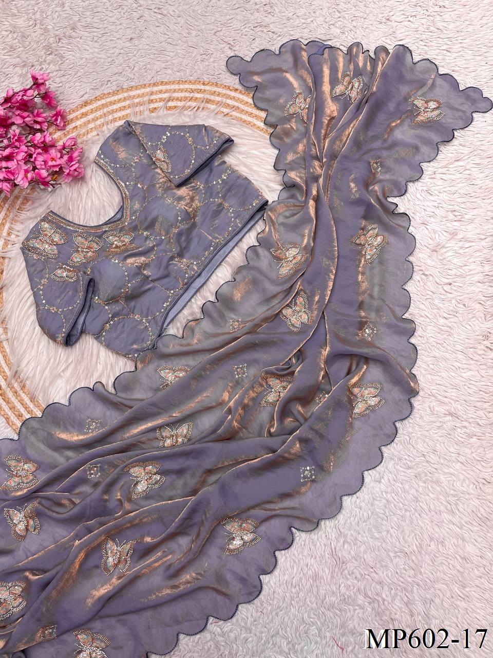 Beautifull Fendy Satin Silk With Khatli Bits Work Saree