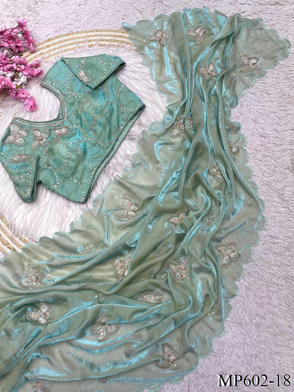 Beautifull Fendy Satin Silk With Khatli Bits Work Saree
