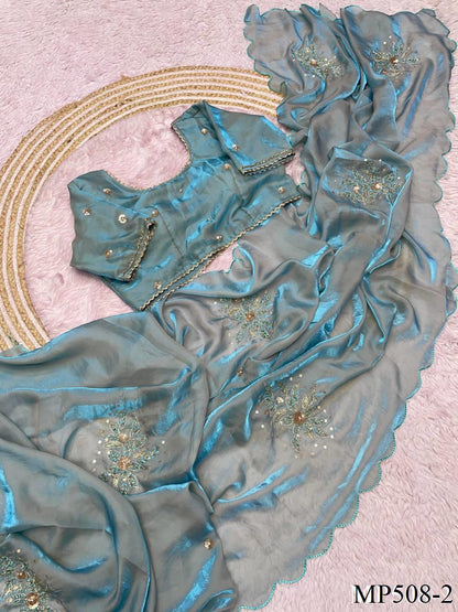 Beautifull Fandy Sattin With Cut Dana Hand Work Saree